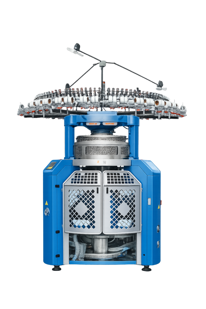 Computerized circular knitting machine workshop showcasing a heavy duty double jacquard structure